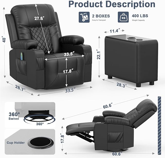 Recliner Chairs with Recliner Side Table End Table for Adults, Massage Rocker, USB Ports, 360 Degree Swivel Single Sofa Seat Living Room