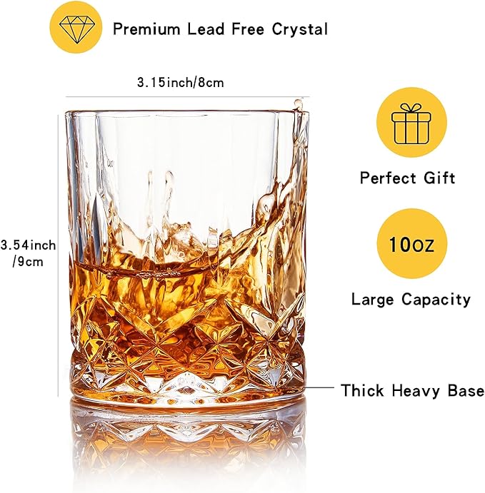 Whiskey Glasses Set of 4,Rock Glasses,11 oz Lead-Free Crystal Bourbon Glass,Old Fashioned Glass for Bourbon,Cognac,Irish Whisky,Personalised Whisky Glass Gift Set for Men,Dad,Brother