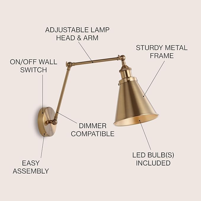 JONATHAN Y JYL7461A Rover 7" Farmhouse Industrial Adjustable Arm Metal LED Wall Sconce Rustic Bohemian 2700K LED 4W Bulb for Entryway Lobby Kitchen Bathroom Bedroom Living Room Hallway, Brass Gold