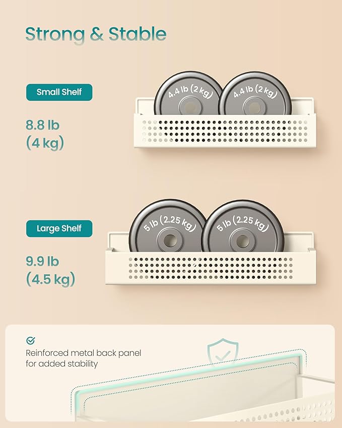 SONGMICS Magnetic Spice Rack for Refrigerator, Set of 4, 2 Large and 2 Small Kichen Magnetic Shelves for Microwave, Washing Machine, Spice Organizers, No Drilling Needed, Cream White UKCS061W01