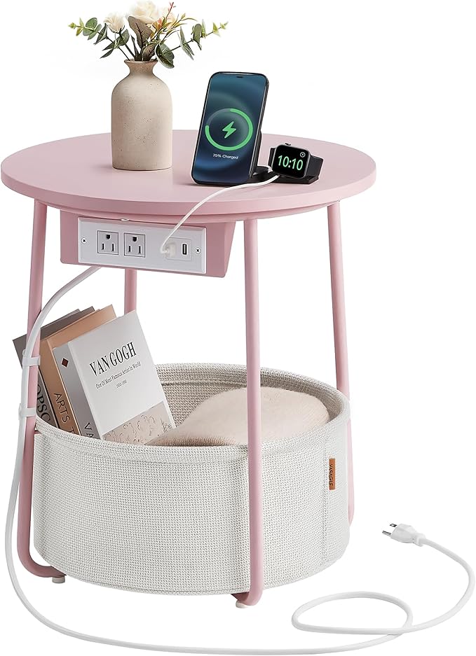 VASAGLE Side Table with Charging Station, Round End Table with Fabric Basket, Nightstand with Power Outlets, USB Ports, for Living Room, Bedroom, Modern, Jelly Pink and Cream White ULET228R01