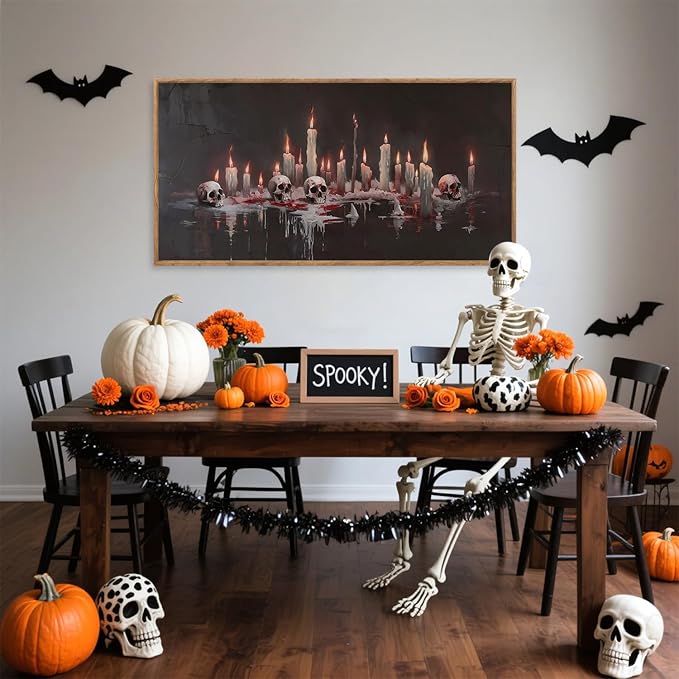 Aurlan Gothic Bloody Skull and Candles Framed Wall Art(40"x20"), Large Horror Dark Academia Halloween Skeleton Canvas Artwork, Modern Goth Spooky Creepy Ghost Decor for Home Office Bedroom