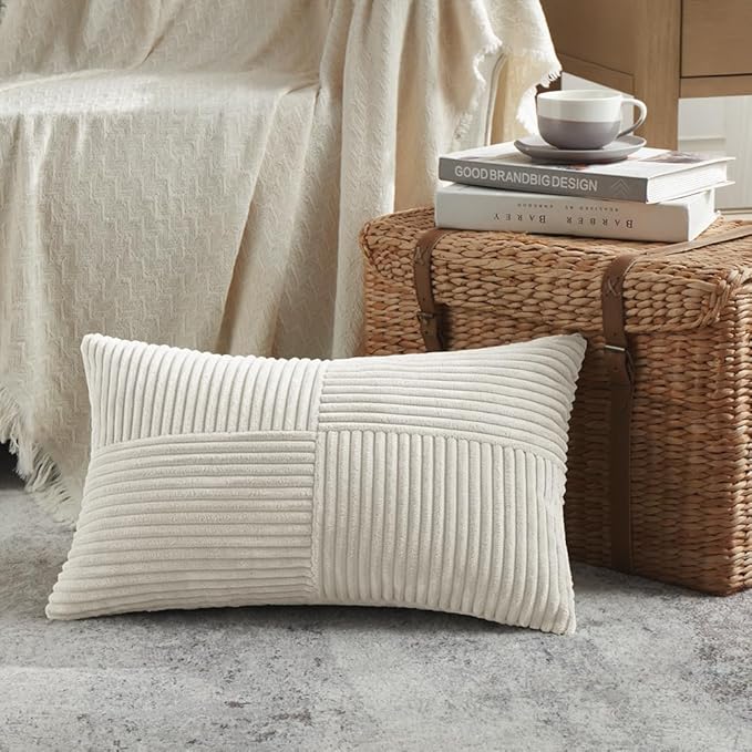 Fancy Homi 2 Packs Cream Long Lumbar Decorative Throw Pillow Covers 12x24 Inch for Couch Bed Sofa, Rustic Farmhouse Boho Home Decor, Soft Striped Corduroy Rectangle Accent Cushion Case 30x60 cm