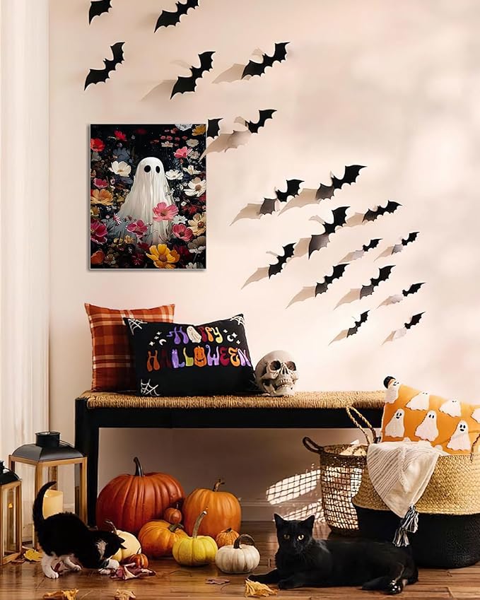 Halloween Canvas Wall Art,Vintage Cute Ghost & Wildflowers Framed Poster, Spooky Fall Decorations for Indoor, Gothic Dark Academia Wall Decor, Funny Halloween Decorations for Living Room Bedroom