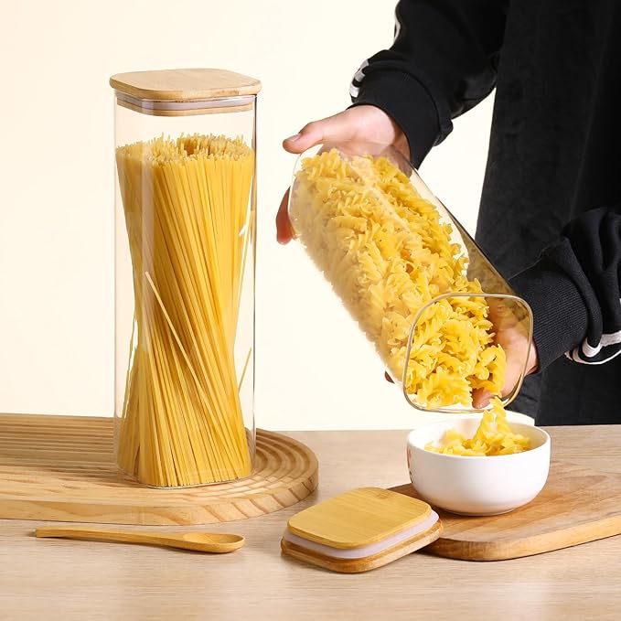 Glass Food Storage Jars with Lids(76oz)Square Set of 3 ,Glass Storage Containers Clear Glass Food Canister with Bamboo Lid Airtight For Serving Tea, Coffee Beans, Flour,Cookie, Cereal,Spice and More