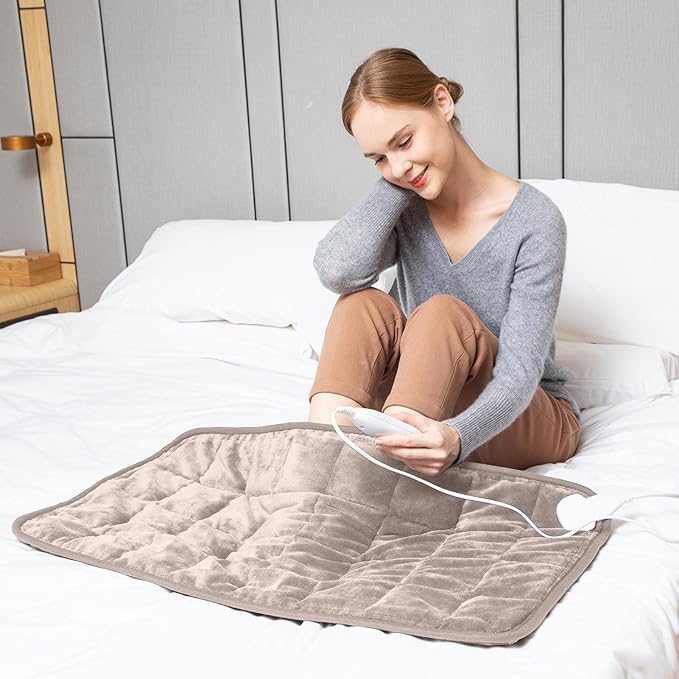 Ruqiji 17''x33'' Weighted Heating Pad, 5.2lbs with 12 Temperature Settings& Countdown Display, Pain Relief for Back/Neck/Shoulders/Abdomen/Legs, Birthday Gifts for Mom Dad Women Men (Light Tan)