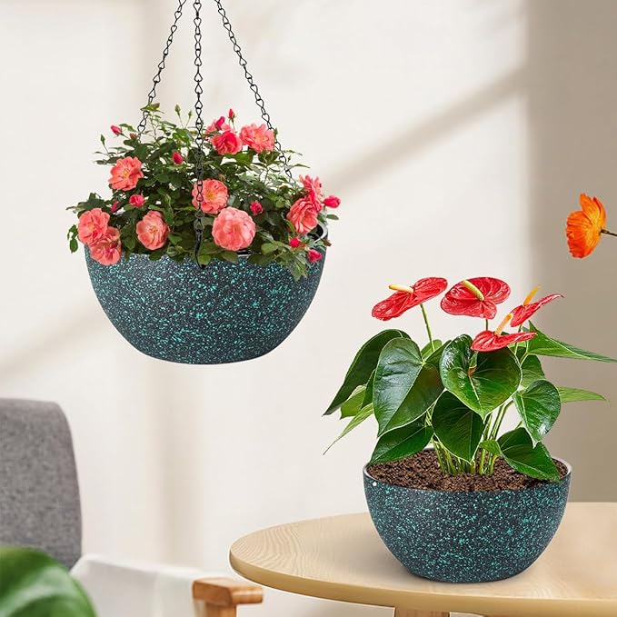 10 inch Hanging Planters for Indoor Plants, 2 Pack Planters for Outdoor Plants with Drainage Holes and Chain, Round Plastic Hanging Baskets, Hanging Flower Pots for Balcony Garden Decor-Black Speckle