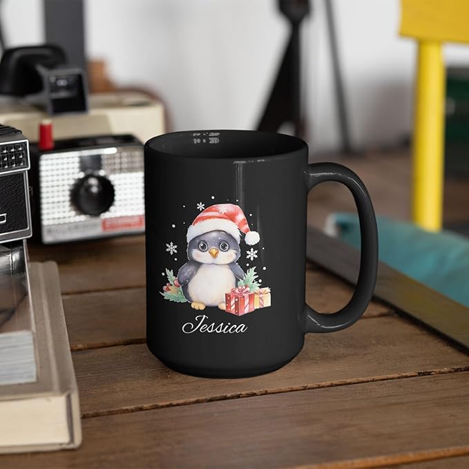 Customized Christmas Themed Black Cup, Personalized Cute Xmas Penguin Mug With Name, Gift For Christmas, Custom Animal Wearing Santa Hat Design Cup, Christmas Animal Coffee Mug 11oz 15oz