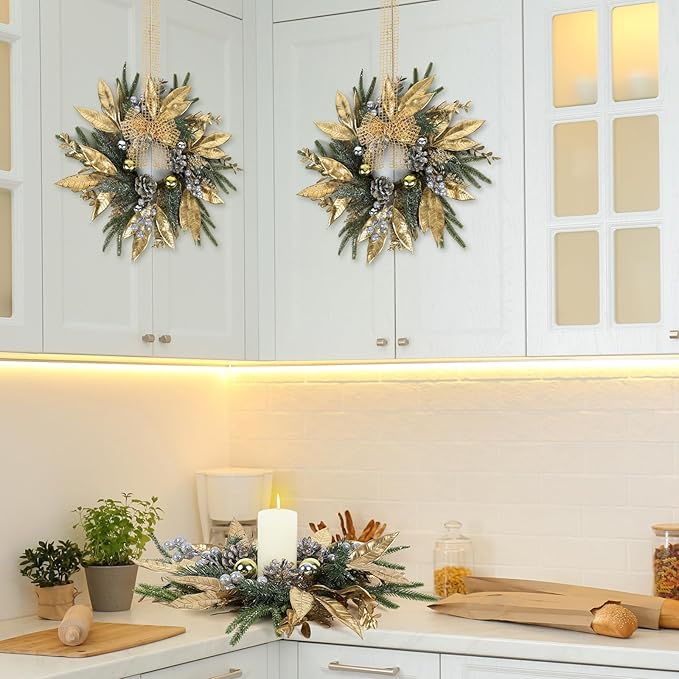 6 Pcs 9 Inch Christmas Wreaths for Kitchen Cabinet Artificial Pine Hanging Cedar Wreath with Christmas Balls Golden Twigs and Silver Berries for Front Door Xmas Winter Farmhouse Home Decorations