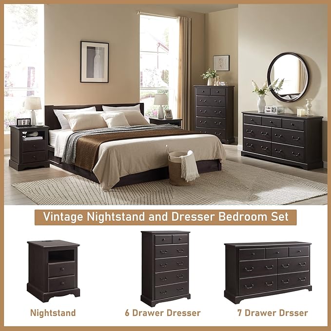 T4TREAM 7 Drawers Dresser Chests for Bedroom, Wood Vintage Chests of Drawers, Rustic Dressers Chset Organizer for Bedroom, Living Room, Hallway, Espresso