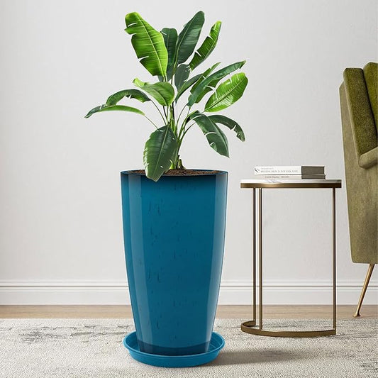 Tall Flower Pot Indoor - Outdoor Plant Pot - Turquoise Glossy Planter - Elegant Stone Imitation - 12" Diameter 21" Tall with Drainage Holes and Saucer