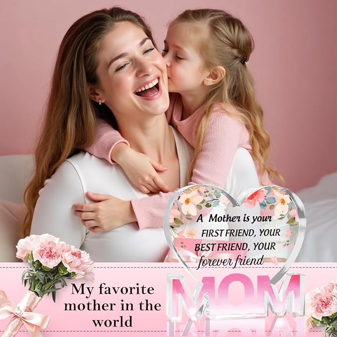 Mothers Day Gifts Best Mom Gifts -Gifts for Mom from Daughter Son - Best Mom Ever Gifts Unique Mother Birthday Acrylic Heart-Shaped Plaque Desk Decorations Present for Mom Christmas Anniversary