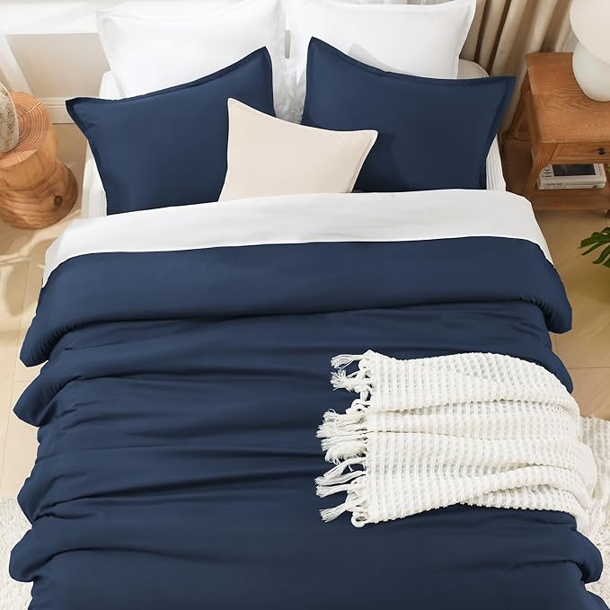 Litanika Navy Blue Oversized King Comforter Set Super King Plus Size, 3 Pieces Lightweight Solid Bedding Comforter Set, All Season Fluffy Bed Set (128x120In Comforter & 2 Pillowcases)