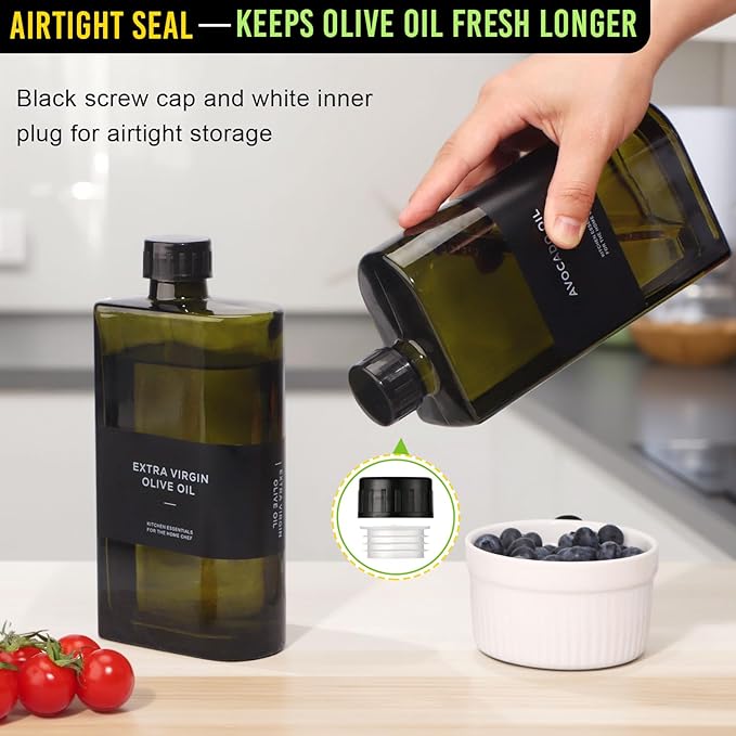 Glass Multi-Purpose Kitchen Dispenser Set | Universal for Olive Oil, Vinegar, Soy Sauce, and Syrup with Stainless Steel Pourers,2-Pack Dark Green,Avoid Sunlight