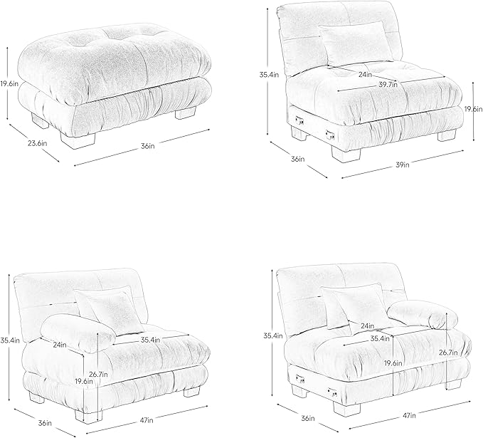 Loveseat Modular Sectional Sofa, U Shaped Couch with Ottoman, Cloud Couch Sectional Couch Home Sofa Living Room Oversized Couch Deep Seat Couch with Round Bolster Armrests 4 Pillows(White)
