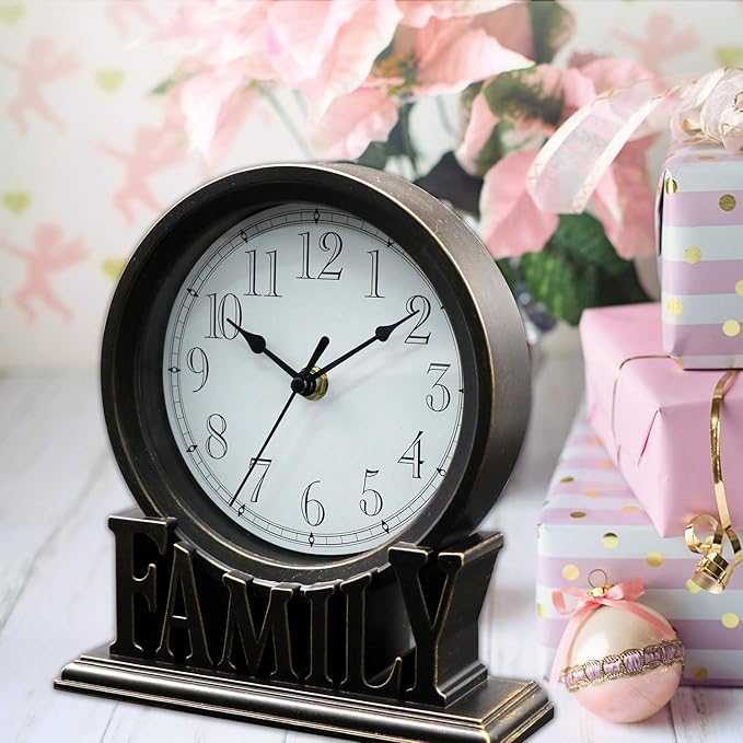 6.5 Inches Table Clock, Vintage Non-Ticking Family Mantel Desk Clock Battery Operated with Quartz Movement HD Glass for Kids Bedroom Living Room Office (Antique Black)