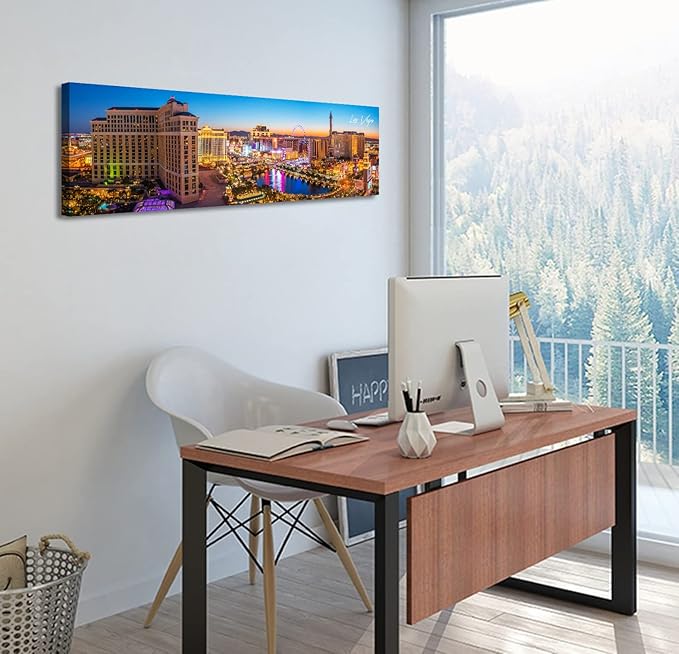 Las Vegas Skyline Wall Art Cityscape Canvas Prints City Modern Building Posters Bellagio Fountain Skyscraper Night View Panoramic Pictures for Home Office Living Room Decor Framed 13.8"x45.3"