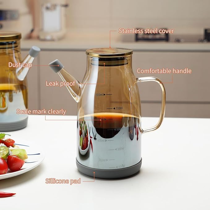 Large Glass Oil Dispenser Bottle for Kitchen Cooking Recipiente Para Aceite De Cocina Olive Oil Vinegar Dispenser Cruet Stainless Steel Lid No Drip Liquid Container (Champagne, 20oz / 600ml)