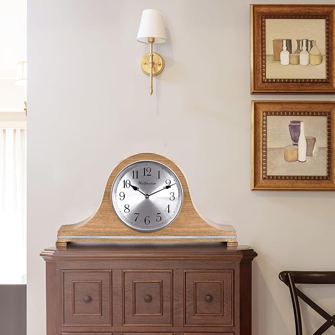 TXL Mantel Clock, Silent Wood Table Clock Battery Operated, Desk Shelf Vintage Clock for Living Room,Home Decor Gift, T20211