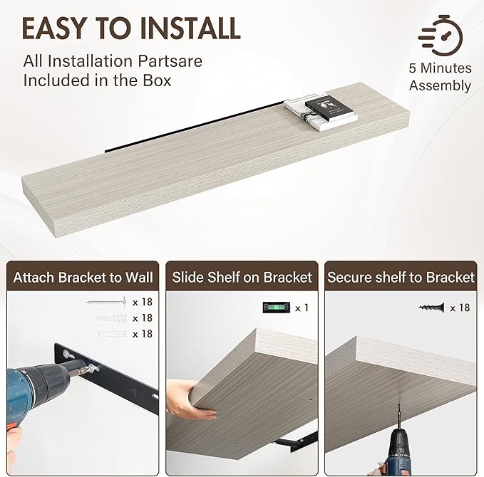 55 Inch Floating Shelves, 12" Deep Floating Shelf Wall Mounted, 55" Wall Shelves, Rustic Deep Bookshelf, Extra Deeper & Thicker Display Shelves for Bedroom, Living Room, Gray, Set of 2