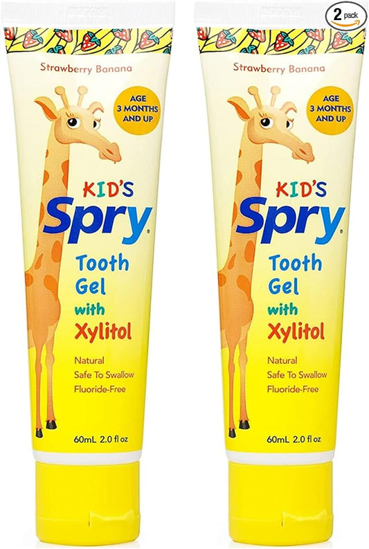 Spry Natural Xylitol Toothpaste for Baby, Toddler and Kids Age 3 Months and Up - Fluoride Free Tooth Gel, Tasty, Support Development of Emerging Teeth, Strawberry Banana 2 Fl Oz (Pack of 2)