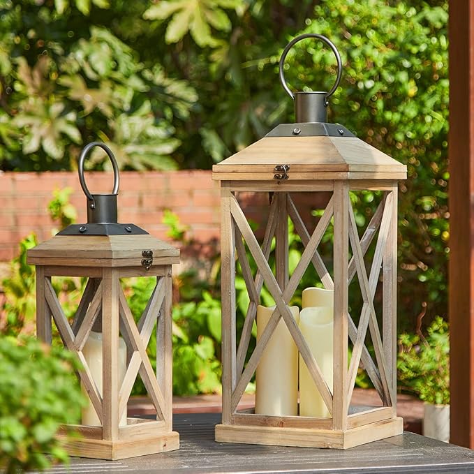 Glitzhome Mondern Farmhouse Wood Metal Lanterns Decorative Hanging Candle Lanterns Set of 2, Natural (No Glass)