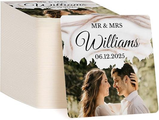 60 Pack Personalized Wedding Coasters, Custom Cardboard Coasters for Drinks with Photo Print and Text, Keepsake Wedding Favors and Gifts for Couples, 4x4 Square, Design 6