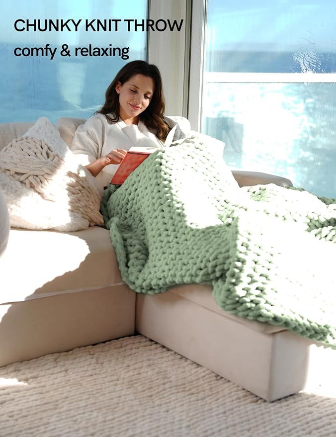YnM Chunky Throw Blanket, Medium-Weight, Hand Knitted with Chenille Yarn, Skin Friendly, Ventilated and Breathable, Machine Washable, Home Décor Piece for Couch, Sofa and Bed (Sage Green, 30x40 Inch)