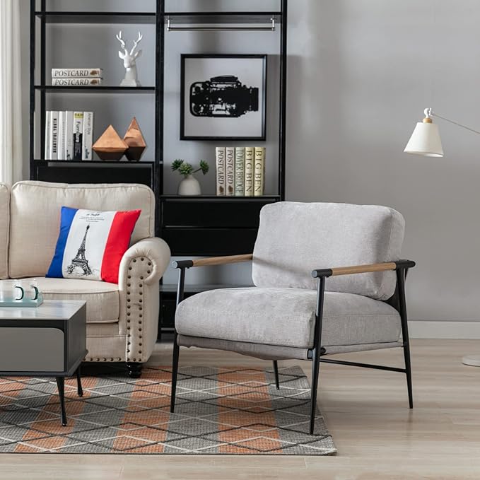Mid-Century Accent Chair, Soft Armchair Chenille Fabric Lounge Chair with Black Metal Legs, Upholstered Leisure Chair for Living Room Bedroom Reception Room, 1PC, Grey
