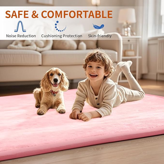 ACOMOPACK Baby Play Mat for Floor,1.3" Thick Memory Foam Area Rug for Living Room,Soft Velvet Crawling with Non-Slip Bottom for Kid,Toddler,59"×71" Tummy Time Nursery Rugs,Yoga（Pink）