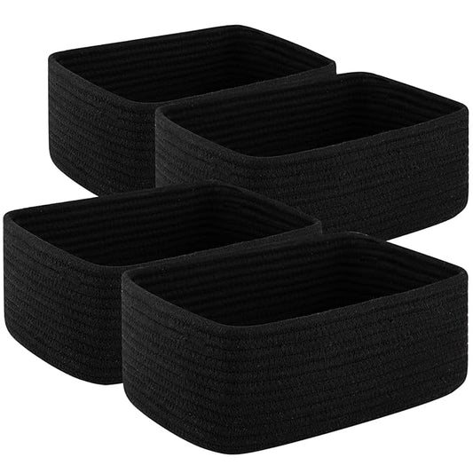 4 Pack Small Storage Shelf Baskets for Organizing, Mini Woven Rope Storage Bins for Towels, Cute Decorative Closet Organizer，Baby Nursery, Gift Empty Baskets -11.81''Lx7.87''Wx4.72''H-Black