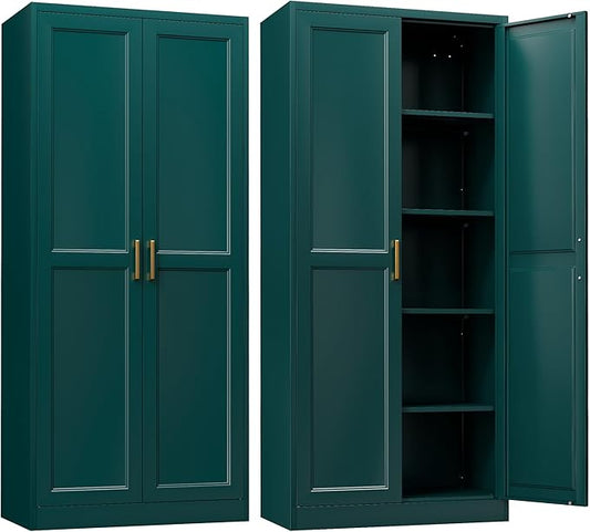 Kitchen Pantry Cabinet,71”Green Metal Pantry Storage Cabinets with Doors and 4 Adjustable Shelves,Kitchen Cabinet with 2 Gold Handles,Tall Cabinet for Livingroom, Bathroom