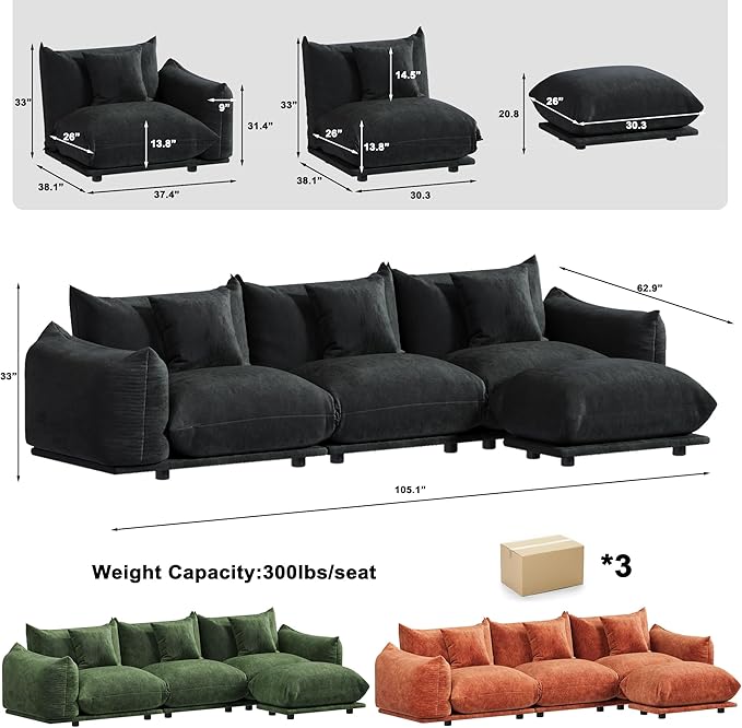 Modern Minimalist Chenille Modular Sectional Sofa, Deep-Seat 3-Seater L-Shaped Couch with Movable Ottoman and Thick Cushions, Upholstered Sofa for Living Room, Bedroom, Office, Apartment(Black L Sofa)