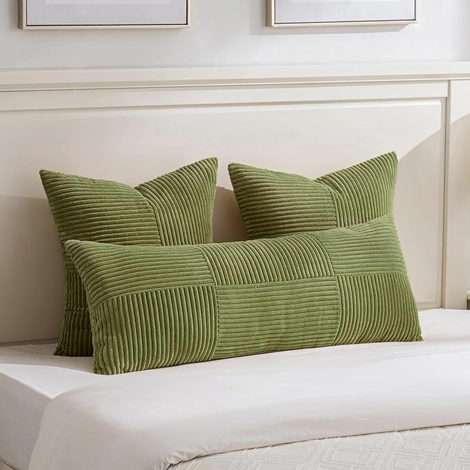Fancy Homi 2 Packs Moss Green Big Decorative Throw Pillow Covers 24x24 Inch for Couch Bed Sofa, Rustic Farmhouse Boho Home Decor, Soft Corss Corduroy Patchwork Accent Square Cushion Case 60x60 cm