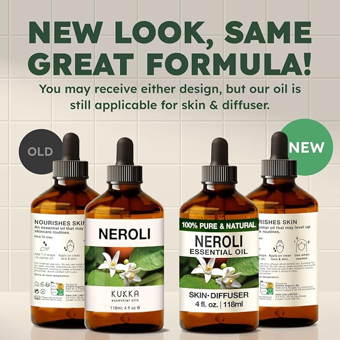 Kukka Neroli Essential Oil for Diffuser Skin - 4 Fl Oz - 100% Pure Natural Neroli Oil, Floral Scent, for Aromatherapy, Candle, Bath Bomb & Soap Making Scent DIY