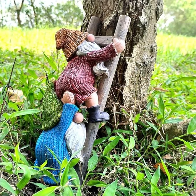 Garden Gnome Statue, Funny Climbing Ladder Gnomes Figurine Resin Sculpture Outdoor Decor for Patio Yard Lawn Porch Ornaments Gift