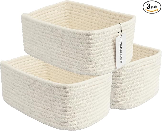 Small Woven Storage Baskets 12“X8”X5“ Decorative Rope Bins for Organizing Shelves, Closets, and Toys, Empty Gift Baskets, Cute Organizer Basket for Home and Office (white, regular)