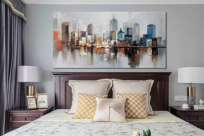 Arjun Brooklyn Bridge Wall Art Modern New York City Abstract Canvas Cityscape Painting Large Size Framed, Colorful NYC Skyline Textured Picture for Living Room Bedroom Home Office Wall Decor, 40"x20"