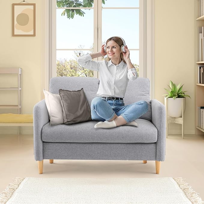 VINGLI 47" Small Couch, Linen Loveseat Sofa Light Grey Mini Couch Mid Century Modern Decor Love Seat for Small Spaces Living Room, Bedroom, Play Room