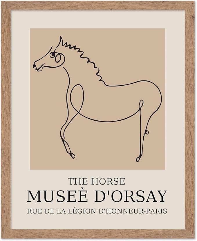 Poster Master Vintage Poster - Retro Minimalist Print - Gift for Artist, Friend - Horse, Line Drawing, Sketch, Abstract - Wall Decor for Living Room, Bedroom, 11x14 Beige Framed