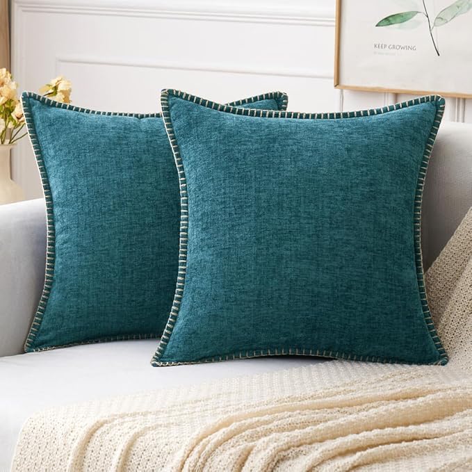 MIULEE Pack of 2 Couch Throw Pillow Covers 16x16 Inch Dark Teal Farmhouse Decorative Pillow Covers with Stitched Edge Soft Chenille Solid Dyed Spring Pillow Covers for Sofa Bed Living Room