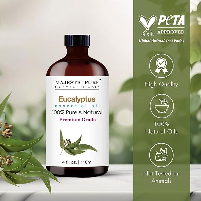 Majestic Pure Eucalyptus Essential Oil with Glass Dropper - 4 Fl Oz Pack of 2-100% Pure and Natural Eucalyptus Oil - Premium Grade Essential Oils for Diffuser, Aromatherapy, Soap and Candle Making