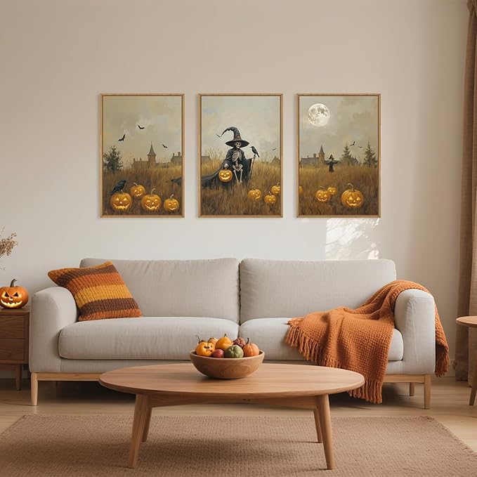 Celestdeco Halloween Ghost Reaper Framed Wall Art Set, Scary Witchy and Pumpkin Wall Decor, Horror Night Wall Painting, Full Moon Bats Art Prints for Living Room,Bedroom,Halloween Themed Party Decoration-16"×24"×3