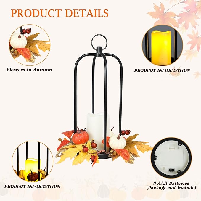 Fall Decor Lanterns Outdoor, 14" Waterproof Decorative Lantern Indoor Decor Metal Hanging Candle Holder LED Flameless Candle Lantern for Patio, Porch, 2 Packs