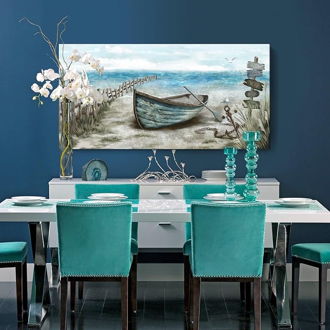 Wall Art for Living Room Large Beach Decor Picture Seagull Vintage Boat Artwork Ocean Sea Bird Canvas Print Seascape Nautical Painting Blue Teal Rustic Coastal Themed Cottage Bedroom Office Décor