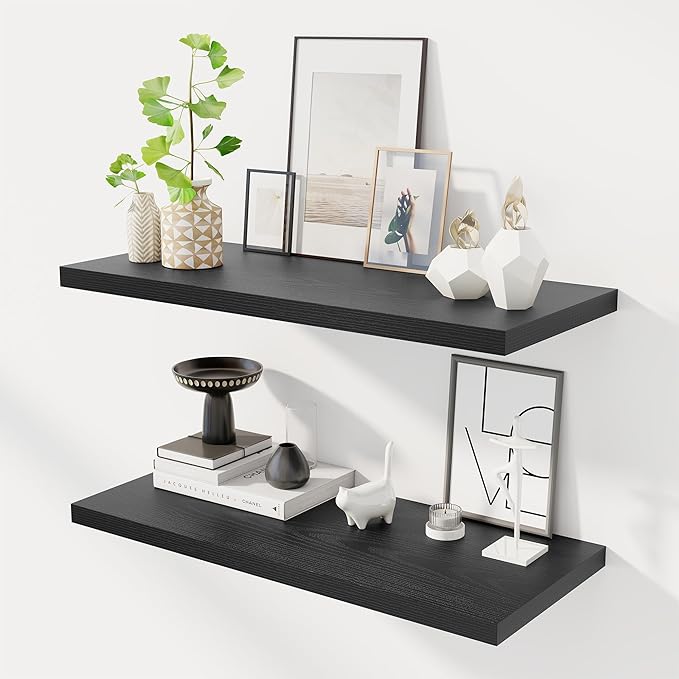 32" Floating Shelves for Wall, 12" Deep Slim Black Floating Shelves, Wall-Mounted Shelves for Bedroom, Living Room, Kitchen, Bathroom - Set of 2