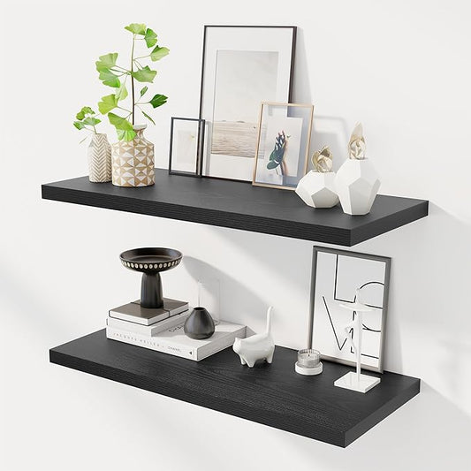 32" Floating Shelves for Wall, 12" Deep Slim Black Floating Shelves, Wall-Mounted Shelves for Bedroom, Living Room, Kitchen, Bathroom - Set of 2