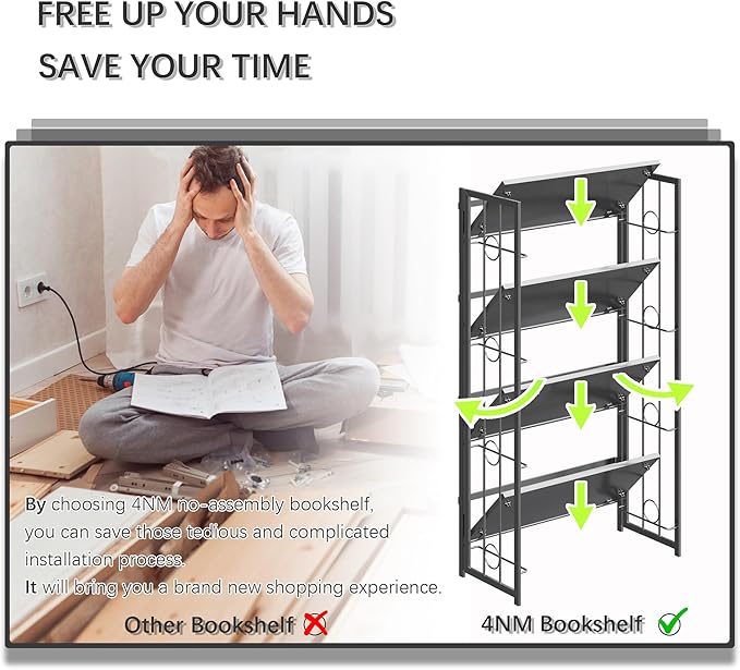 4NM No Assembly 4 Tiers Folding Bookshelf, 47.2" H Foldable Storage Shelves Vintage Bookcase Standing Racks Study Organizer Home Office - All Black