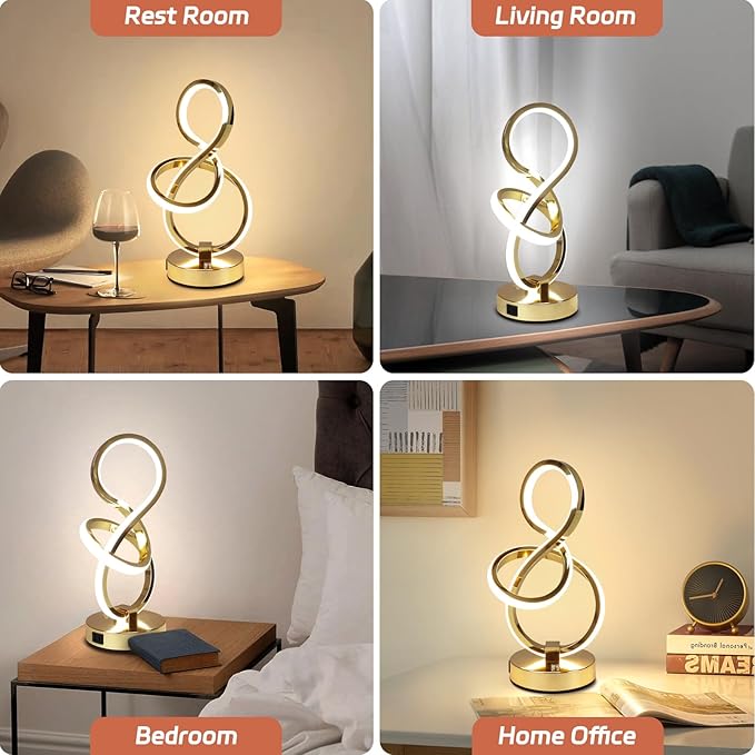 Modern Table Lamp, LED Bedside lamp with USB C+A ports, Touch Stepless Dimmable Nightstand lamp, Unique Spiral Table lamp for Bedroom Living Room Home Office, Spiral lamp for Ideal Gift, Gold