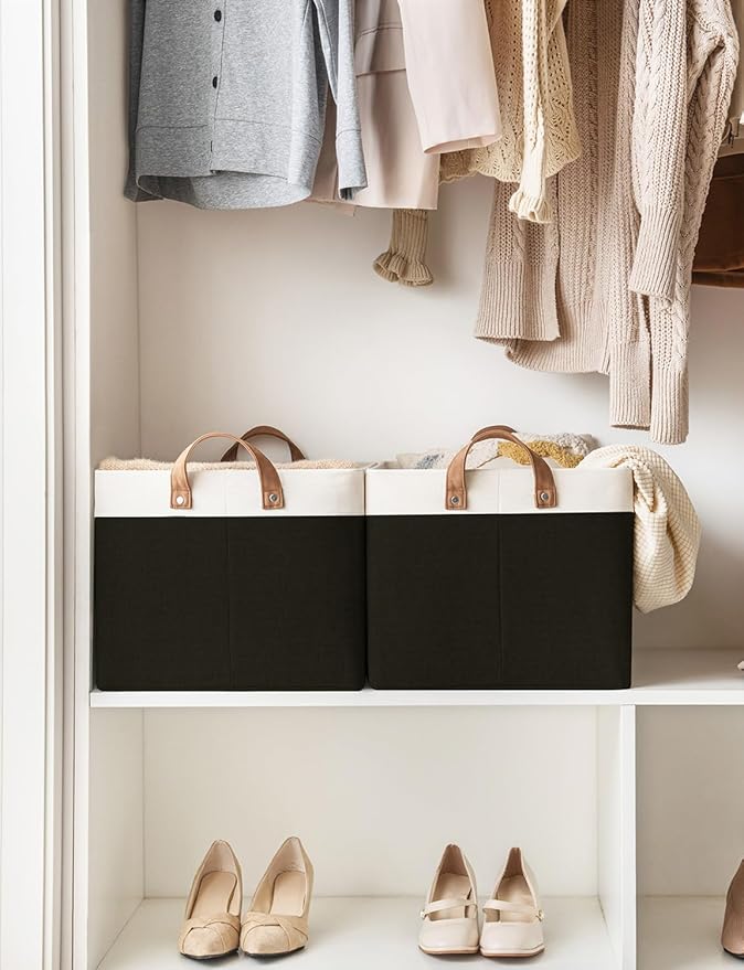 StorageWorks Storage Bins, Fabric Storage Bins for Shelves, Extra Large Storage Baskets with Metal Frame, Closet Baskets and Bins with Handles, Jumbo, Black and White, 2-Pack